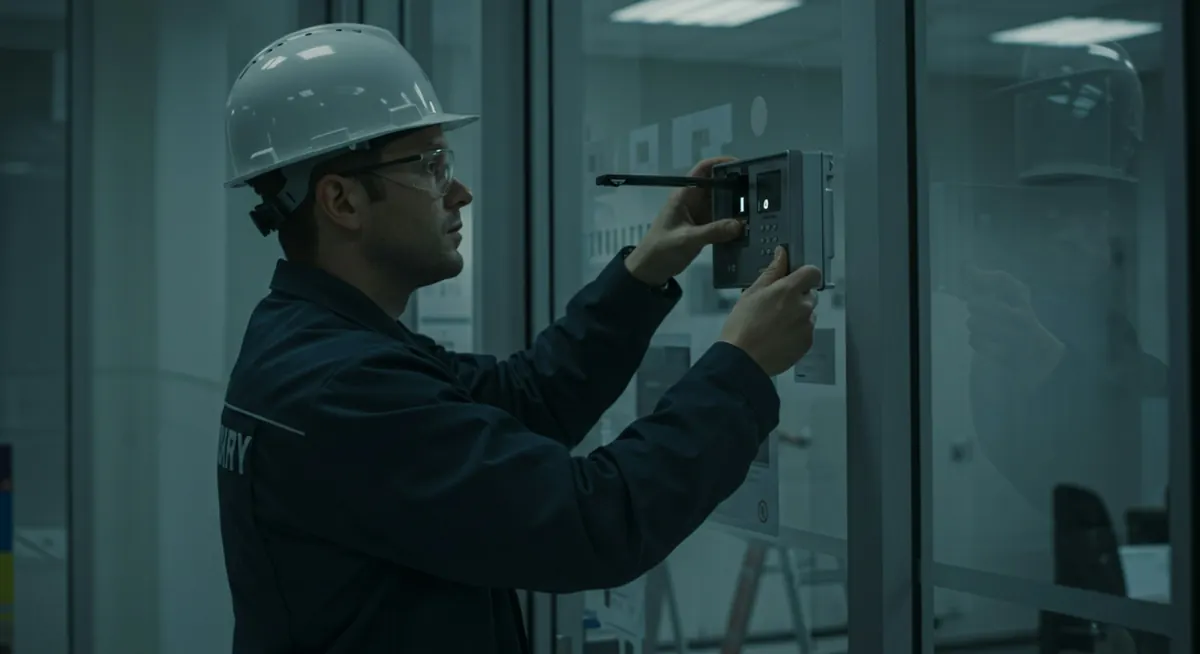 Técnico de capacete fazendo manutenção em painel